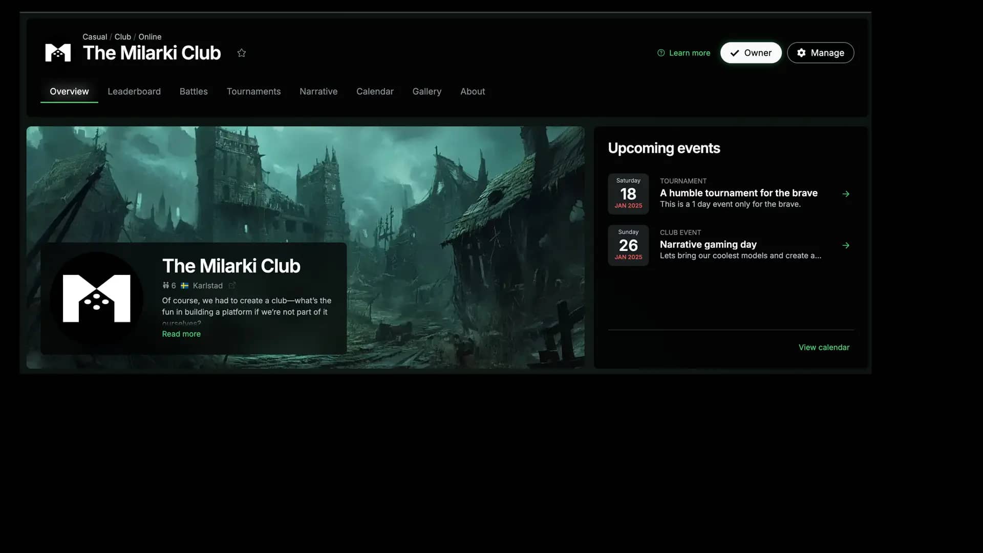 Screenshot from the club page in Milarki