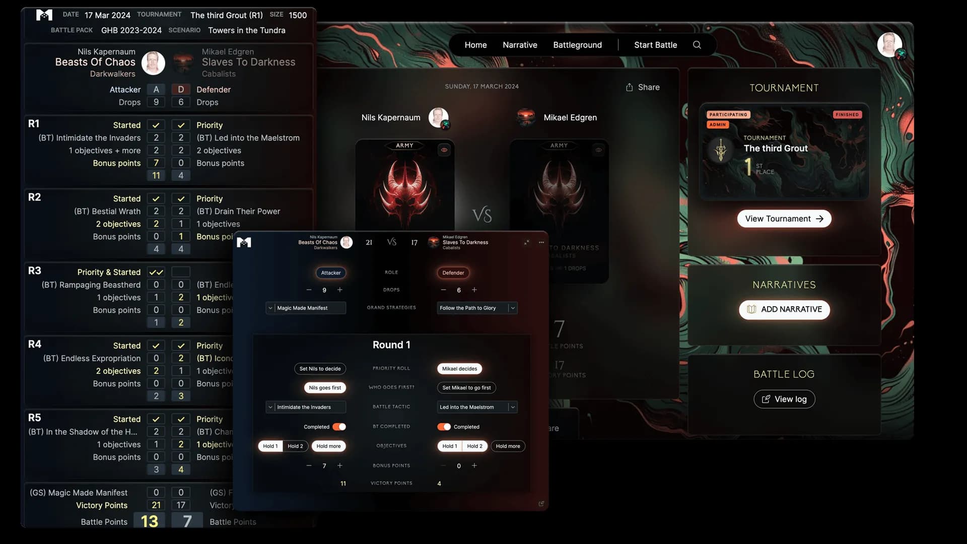 Battle result page with a scorecard and the game tracker