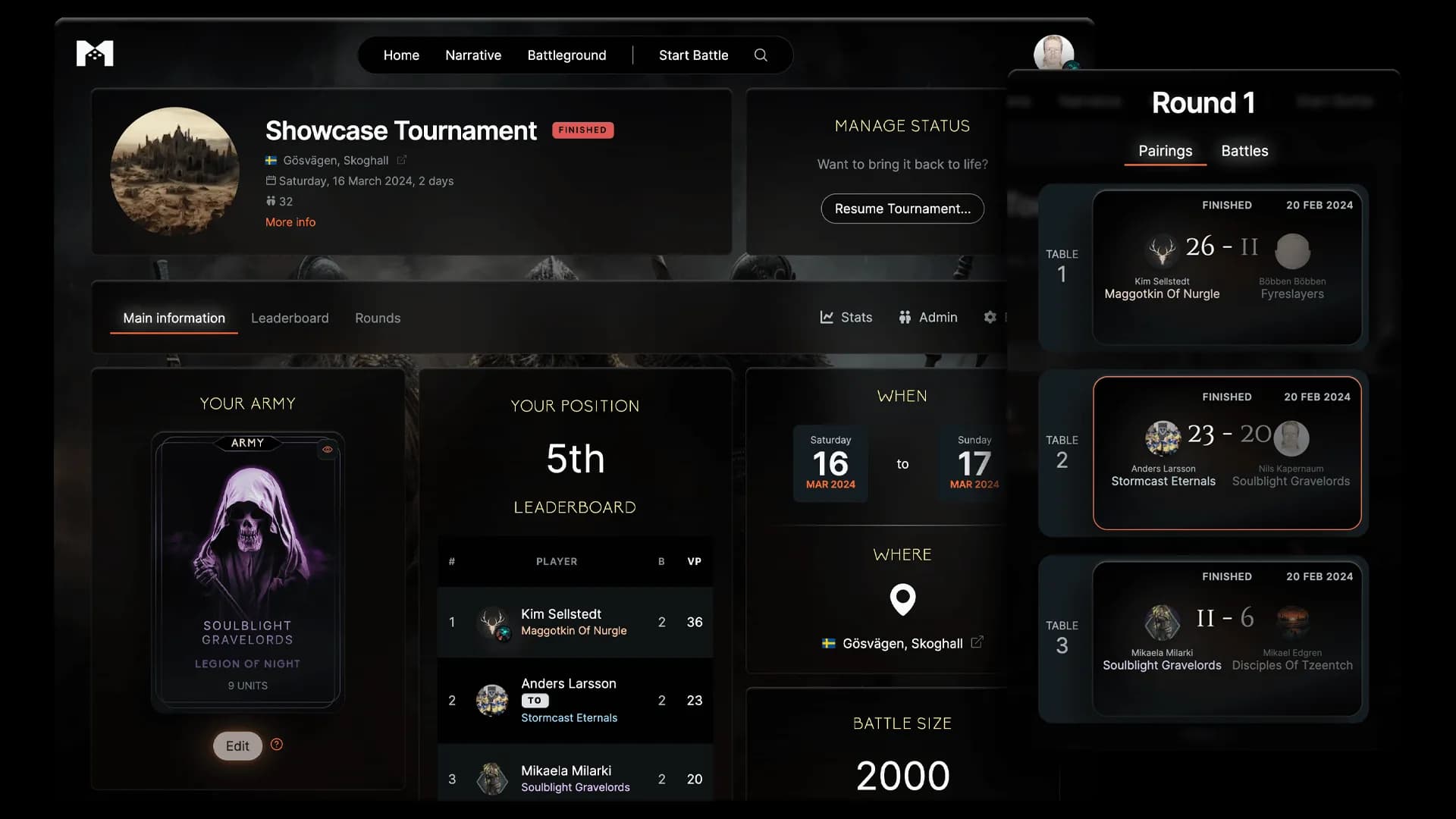Tournament overview interface